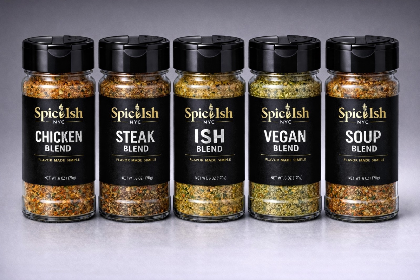 The full SpiceIsh NYC collection of five spice blends